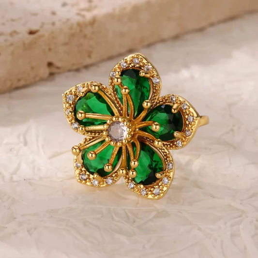 Bague Fleur verte Acier or